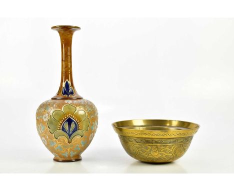 ROYAL DOULTON; a Lambeth vase, height 40cm, together with a modern Chinese brass bowl, diameter 26cm.Condition Report: Vase i