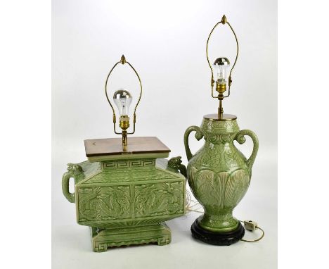 Two decorative modern Oriental celadon glazed table lamps, height of larger including fitting 60cm.Condition Report: The item