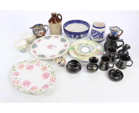A collection of sundry ceramics including a stoneware flagon, Prinknash, Rosina teacups and saucers, etc.