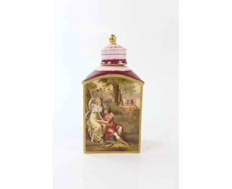 VIENNA; a 19th century hand painted tea caddy and cover, decorated with classical figures in landscape 'Jankracol una Armida'