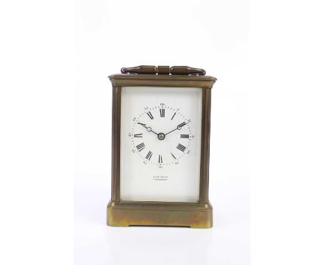 JOHN SMITH, CRANBROOK; a brass cased eight day movement carriage clock, the white enamel dial set with Roman numerals, height