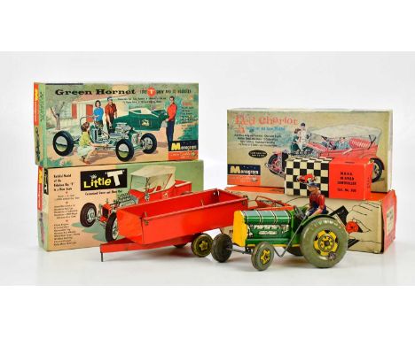 V MODELS; a remote controlled vehicle, three Monogram kits including Little T and a Mettoy tinplate tractor and trailer.Condi