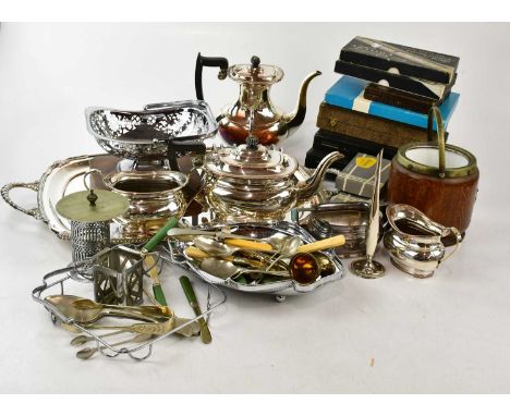 A collection of assorted silver plate including a large butler's tray with cast edge, flatware, tea service etc.