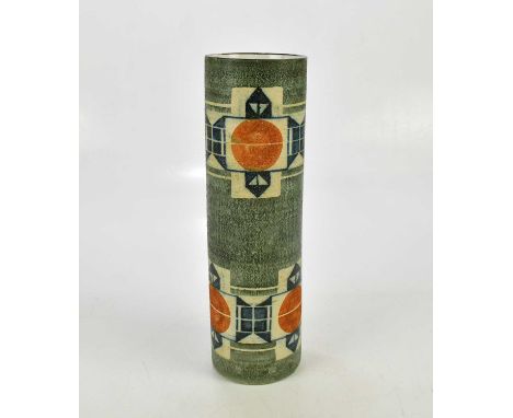 TROIKA POTTERY; a large cylinder vase, decorated with a double band of circles and stylised motifs, height 36.5cm (unmarked).