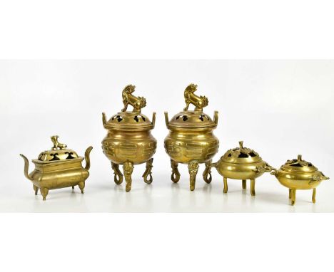 A pair of Chinese brass koros and covers each with Dog of Fo, together with three further examples, largest 25cm.Condition Re