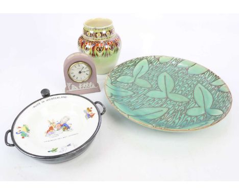 ROYAL WINTON; an Art Deco lustre vase with geometric decoration, baby's plate with silver plated warming dish 'Alice in Wonde