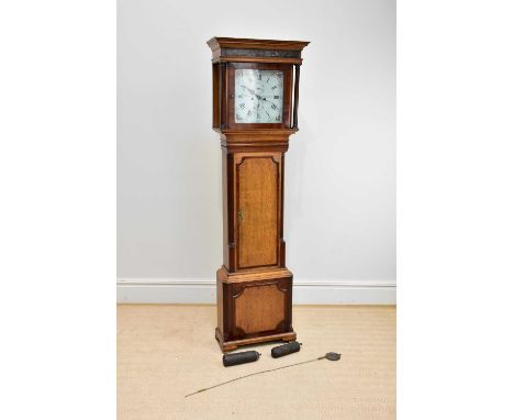 E HARRISON, WARRINGTON; an 18th century eight day longcase clock, the painted dial set with Arabic and Roman numerals and two