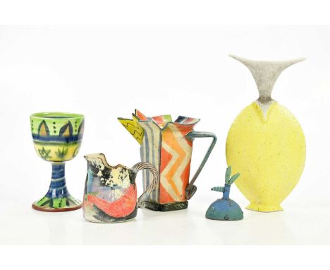† CATH FINCH; a studio pottery tulip shaped vase, height 29cm, an unusual ceramic model of a stylised bird, inscribed 'Ashby'