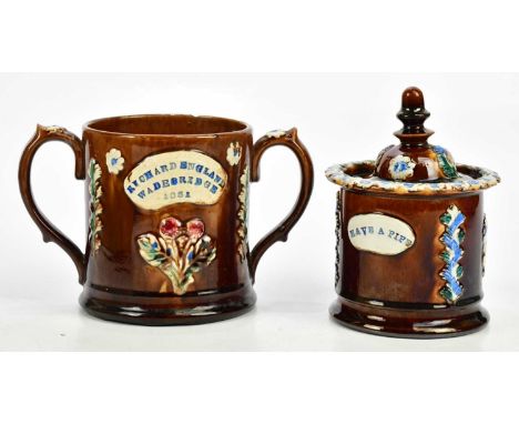 BARGE WARE; a loving cup, 'Drink Heartily, Richard England Wadebridge 1851', and a tobacco jar, 'Have a Pipe', larger 13.5cm.