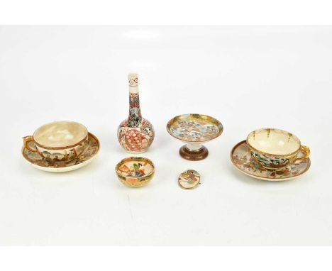 A group of Japanese Satsuma including teacups, saucers, brooch, a Kutani tazza, etc.