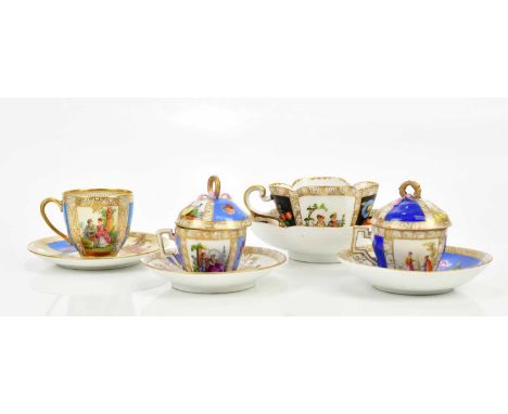A pair of late 19th/early 20th century Continental porcelain lidded teacups and saucers bearing pseudo and Augustus Rex Meiss