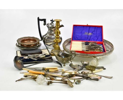 A collection of assorted silver plate including gallery tray, flatware, also a brass candlestick.Condition Report: PLEASE NOT