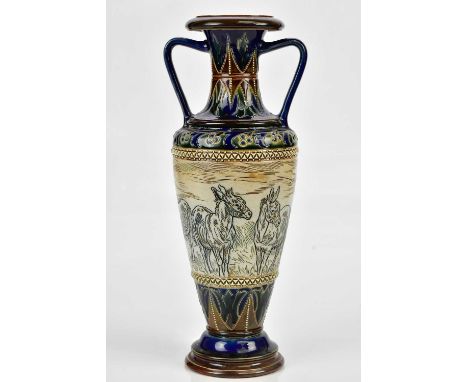 HANNAH BARLOW FOR DOULTON LAMBETH; a twin handled Artware vase decorated with donkeys, incised signature and numbered 348, he
