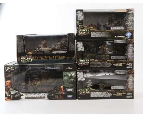 FORCES OF VALOR; a group of five diecast model military vehicles comprising a Schimmwagen, US Willys Jeep, Kubelwagen, Zundap