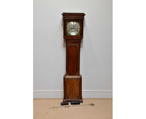 A late George III inlaid oak eight day longcase clock, with Roman numeral chapter ring, subsidiary dial and date aperture, mo