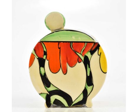 CLARICE CLIFF; a Fantastique Bonjour shaped preserve jar and cover in the 'Honolulu pattern', height 10cm.Condition Report: P