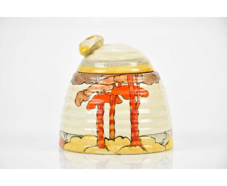 CLARICE CLIFF; a Bizarre Beehive honeypot in the 'Coral Firs' pattern, height 9cm.