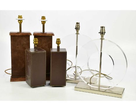 Three pairs of modern table lamps, including a pair of circular Perspex examples in the Art Deco style, height 43cm.Condition