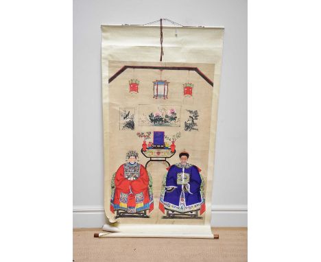 A 19th century Chinese hand painted ancestral portrait depicting elders sitting beside objects, 196 x 104cm (rolled on replac