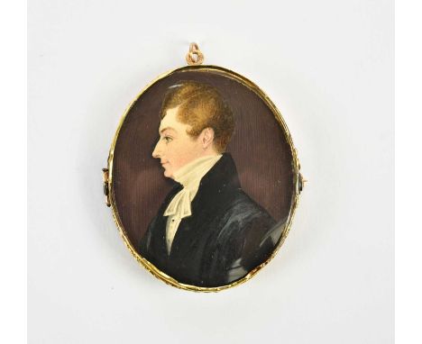 A 19th century watercolour portrait miniature, side profile of a gentleman purported to be John Seymour Lucas, inscribed to t