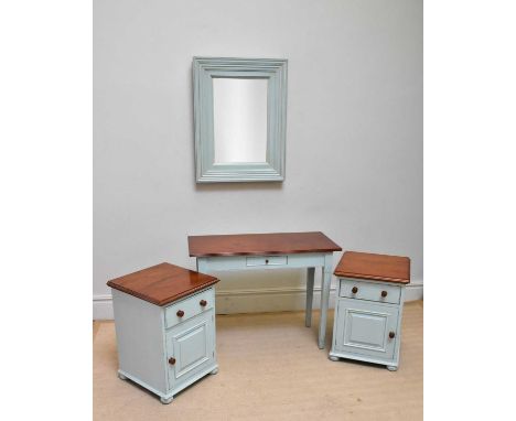 A modern painted console table with single drawer, width 102cm, depth 45cm, height 76cm, a mirror with bevelled plate and a p