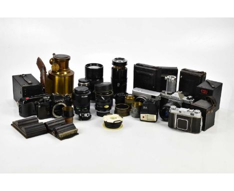 A collection of cameras and lenses, to include a Contax 139 Quartz, a Pentax 50mm-200mm f4-f5.6, a Soligor 200mm f2.8, a Pent