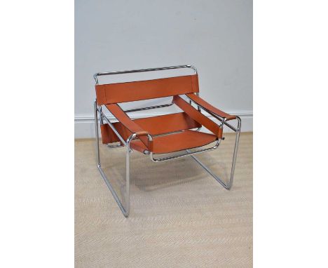 AFTER MARCEL BREUER; a tan leather and chrome framed 'Wassily' chair.  Condition Report: Wear to the leather, mainly the join