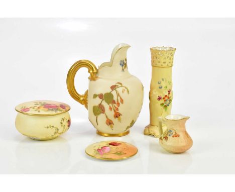 ROYAL WORCESTER; a blush ivory flatback jug, no. 1094, a spill vase with reticulated neck, miniature jug, trinket box and cov