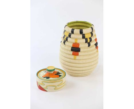 CLARICE CLIFF; a preserve jar and cover decorated in the 'Solitude' pattern, diameter 10cm, and a Clarice Cliff Indiana vase,