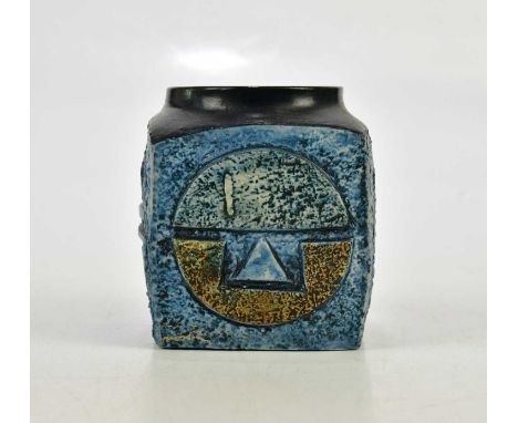 SIMONE KILBURN FOR TROIKA POTTERY; a marmalade jar with relief decoration to each of the four sides, signed 'Troika Cornwall'