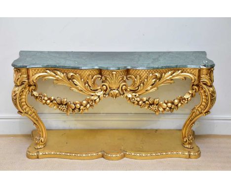 A large modern gilt serpentine marble topped console table, height 87cm, width 166cm, depth 46cm.