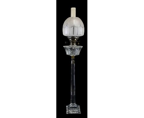 A large early 20th century clear glass oil lamp, Messenger's No. 1 Patent Safety, height to top of chimney 95cm.Condition Rep