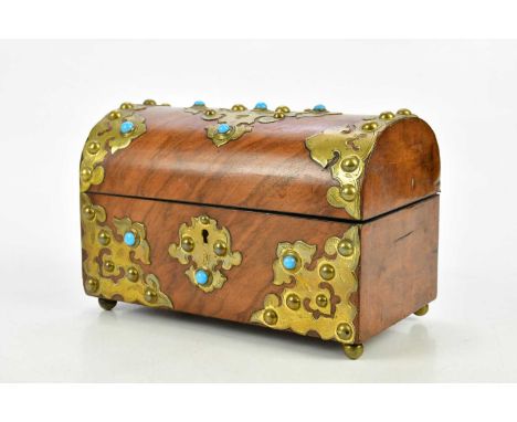 A Victorian walnut brass bound dome top tea caddy set with turquoise coloured stones, width 21cm, height 14cm.