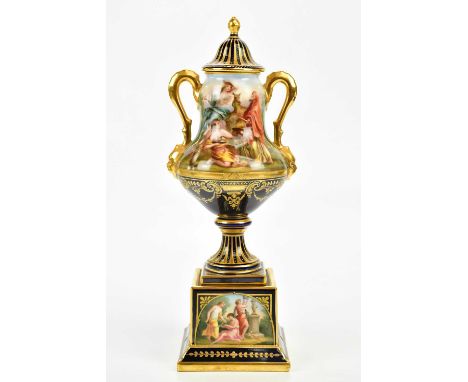VIENNA; a fine late 19th century twin handled lidded pedestal urn on integrated stand, finely painted with classical figures 