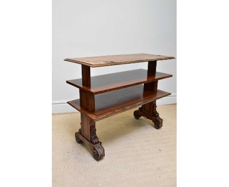 A Victorian oak and ebony inlaid three tier collapsible buffet, 122 x 55.5cm (top af).