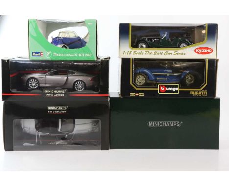 A collection of diecast model vehicles including a Messerschmitt, Bentley S2, Morgan 4/4 Series II, Jaguar XK Convertible 200