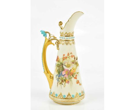 ROYAL WORCESTER; a painted blush ivory ewer with floral detail and rose finial, height 21cm, and a Capodimonte figure of a ma