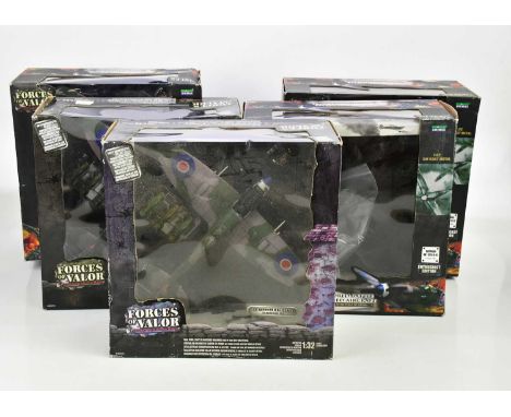 FORCES OF VALOR; a group of five diecast model planes comprising two German BF-109G-6, a UK Spitfire Mk IX and two UK Spitfir