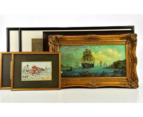 ENGLISH SCHOOL; late 19th century oil on canvas, three masted sailing ships off the shore, indistinctly signed, 19 x 39cm, fr
