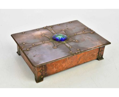 An Arts &amp; Crafts copper cigarette box of rectangular form, with central green and blue cabochon, with applied and studded