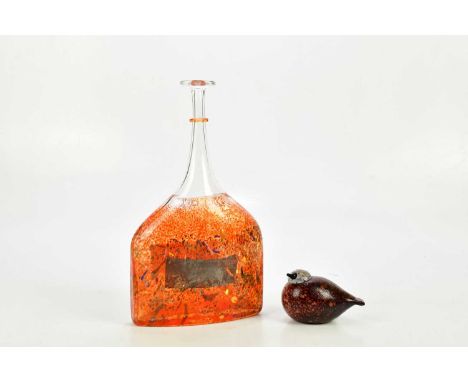 OIVA TOIKKA FOR IITTALA; a contemporary Art Glass model of a Rosy Finch, length 10cm, and a Kosta Boda bottle vase designed b