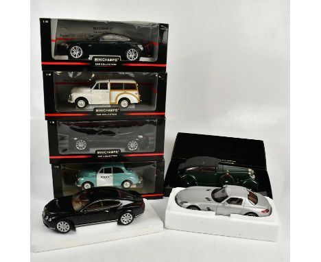 MINICHAMPS; a group of seven diecast vehicles comprising a Bentley 6.5 litre Blue Train Special, Mercedes-Benz SLS AMG, Bentl