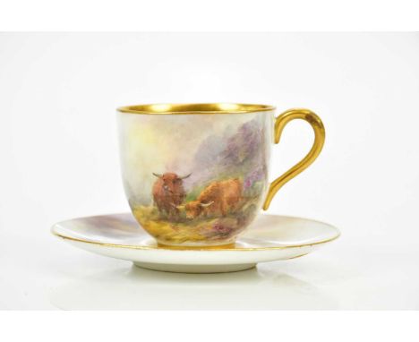 HARRY STINTON FOR ROYAL WORCESTER; a hand painted coffee can and saucer decorated with Highland cattle, signed.Condition Repo