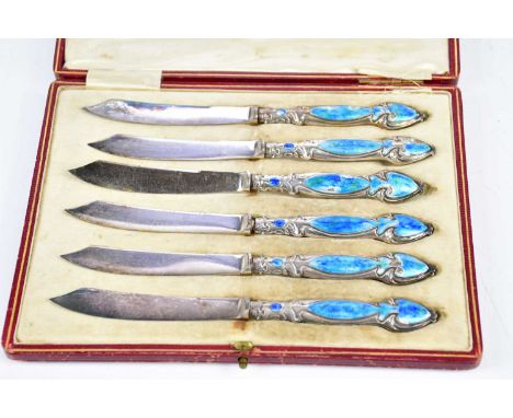 LEE &amp; WIGFUL; a set of six Edwardian Art Nouveau hallmarked silver and enamel knives, with scimitar type blades, Sheffiel