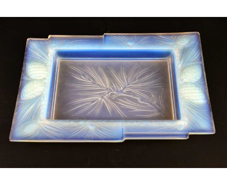 VERLUX; a French Art Deco opalescent rectangular bowl with stepped decoration, embossed with pine cones, length 36cm.Conditio
