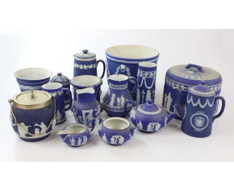 WEDGWOOD, a collection of blue jasper dip ware, including a three piece tea service, with other Wedgwood style jasperware (qt