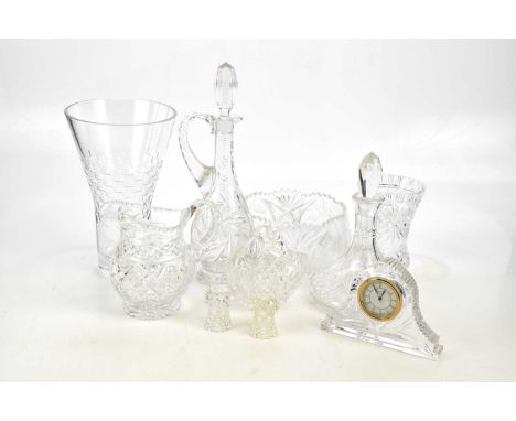 WATERFORD; a cut glass mantel clock, height 13cm, and a collection of decorative glassware including an Edinburgh Crystal vas