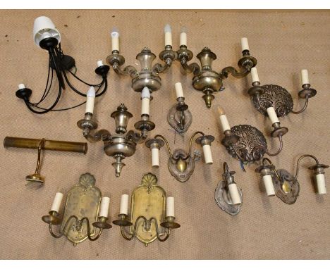 A collection of contemporary wall lights and a modern black three branch ceiling light.Condition Report: The item or items in