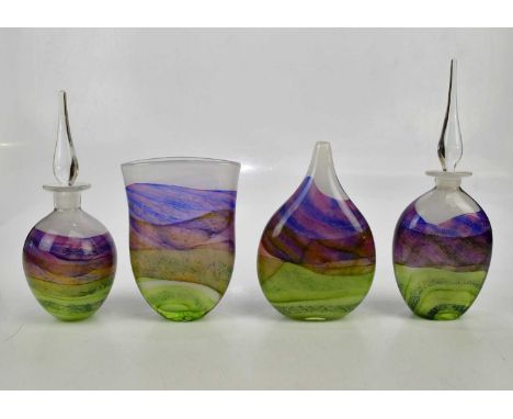 † TOM PETIT; two contemporary Art Glass vases, including an ovoid shaped example, height 17cm, and two perfume bottles (4).Co