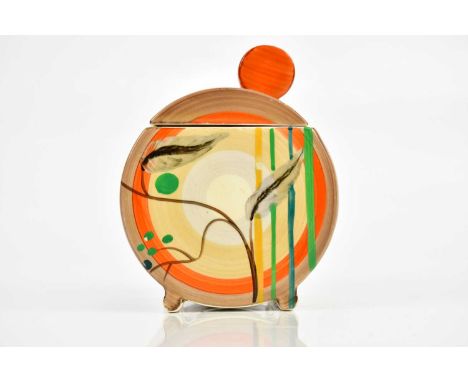 CLARICE CLIFF; a Bizarre Bonjour shaped preserve jar and cover in the 'Kelverne' pattern, height 10cm.Condition Report: Light